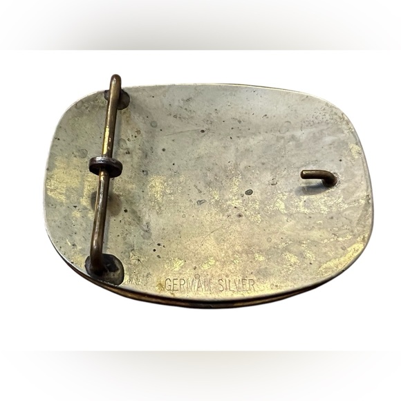 VINTAGE METAL BELT BUCKLE, GERMAN SILVER AND BRASS, BULL RIDING - Picture 5 of 5